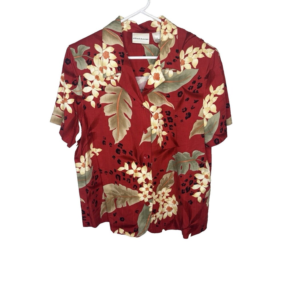 Alfred Dunner Womens Size 14 Red Floral Short Sleeve Button Up Top Shirt 14 Larg